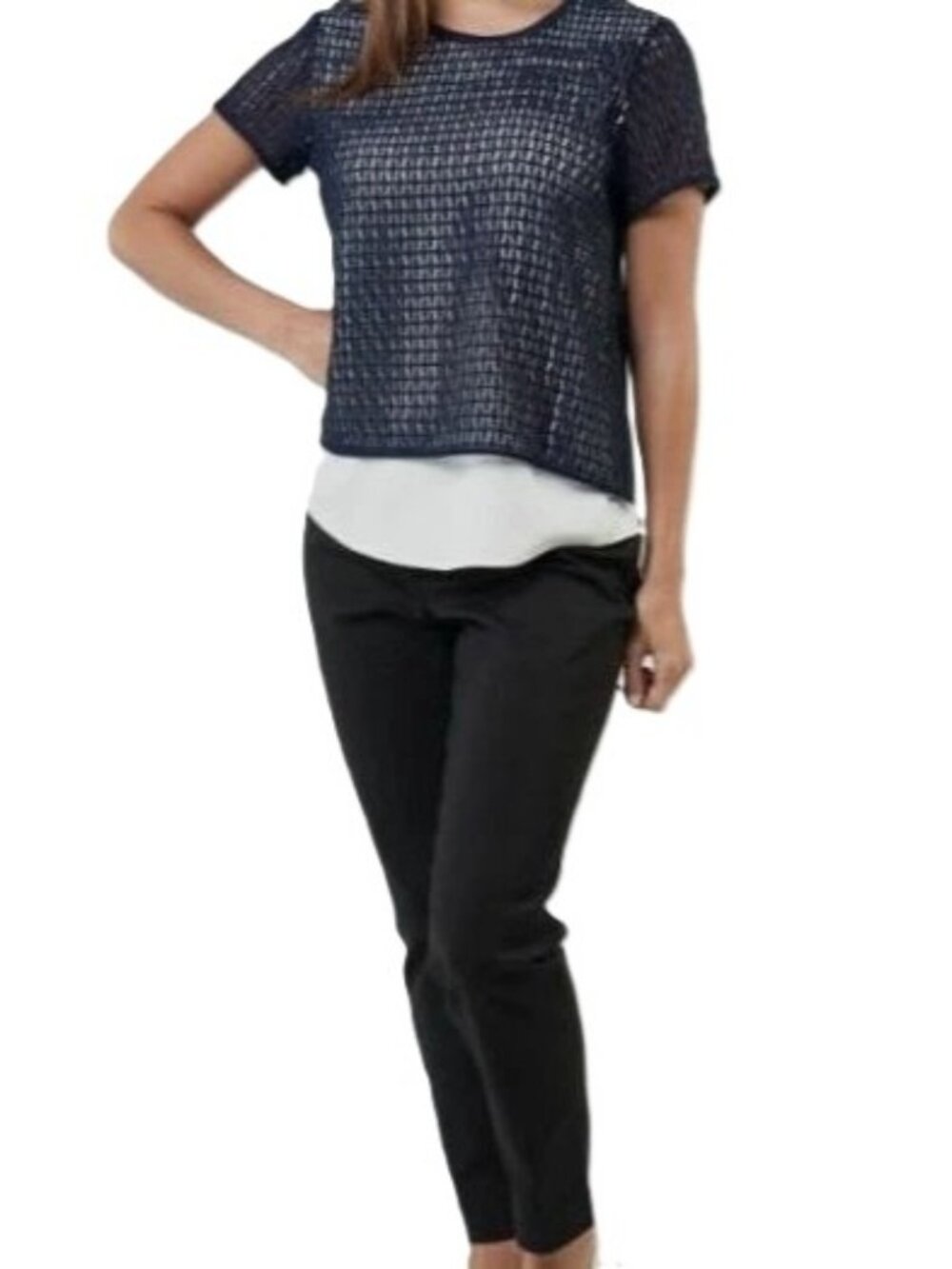 ๐๐๐ก๐ฌ Women's Short Sleeve Round Neck Crochet Mesh Blouse Blue (Size XS) ๐ต